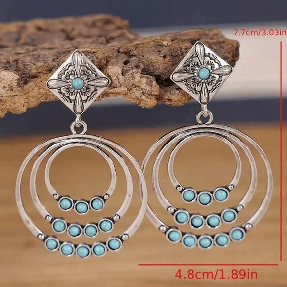 Western Round Geometric Silver Turquoise Dangle Earrings - Picture 4 of 5